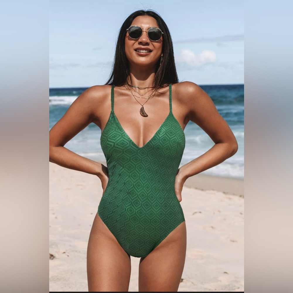 Cupshe Green Diamond Print Tie Back One Piece Bathing Suit NWT